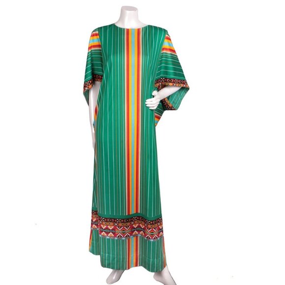Vintage Gottex Maxi Caftan Dress Boho Kimono Hippie Stripe Green Yellow Red 70s - Picture 5 of 11